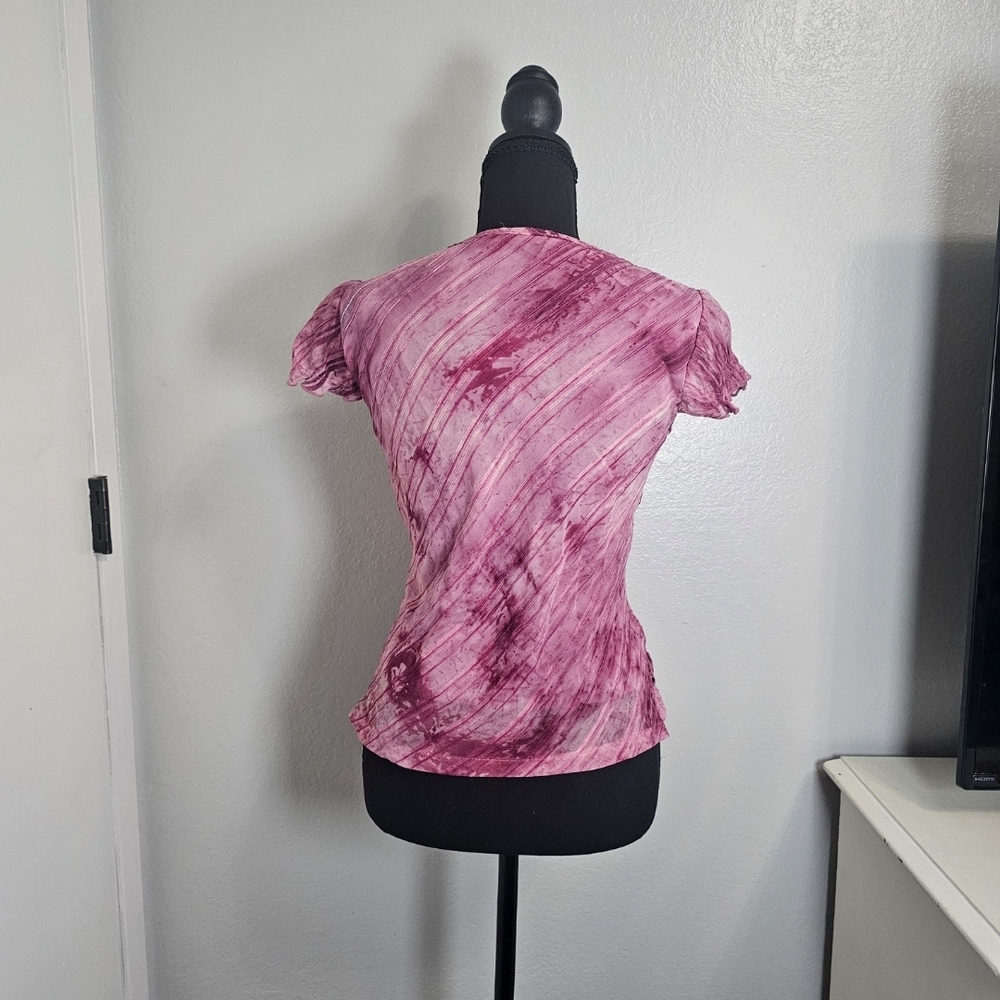 Y2K Pink Short-Sleeve V-Neck Wrap Abstract Print Blouse Size Small - Picture 3 of 5